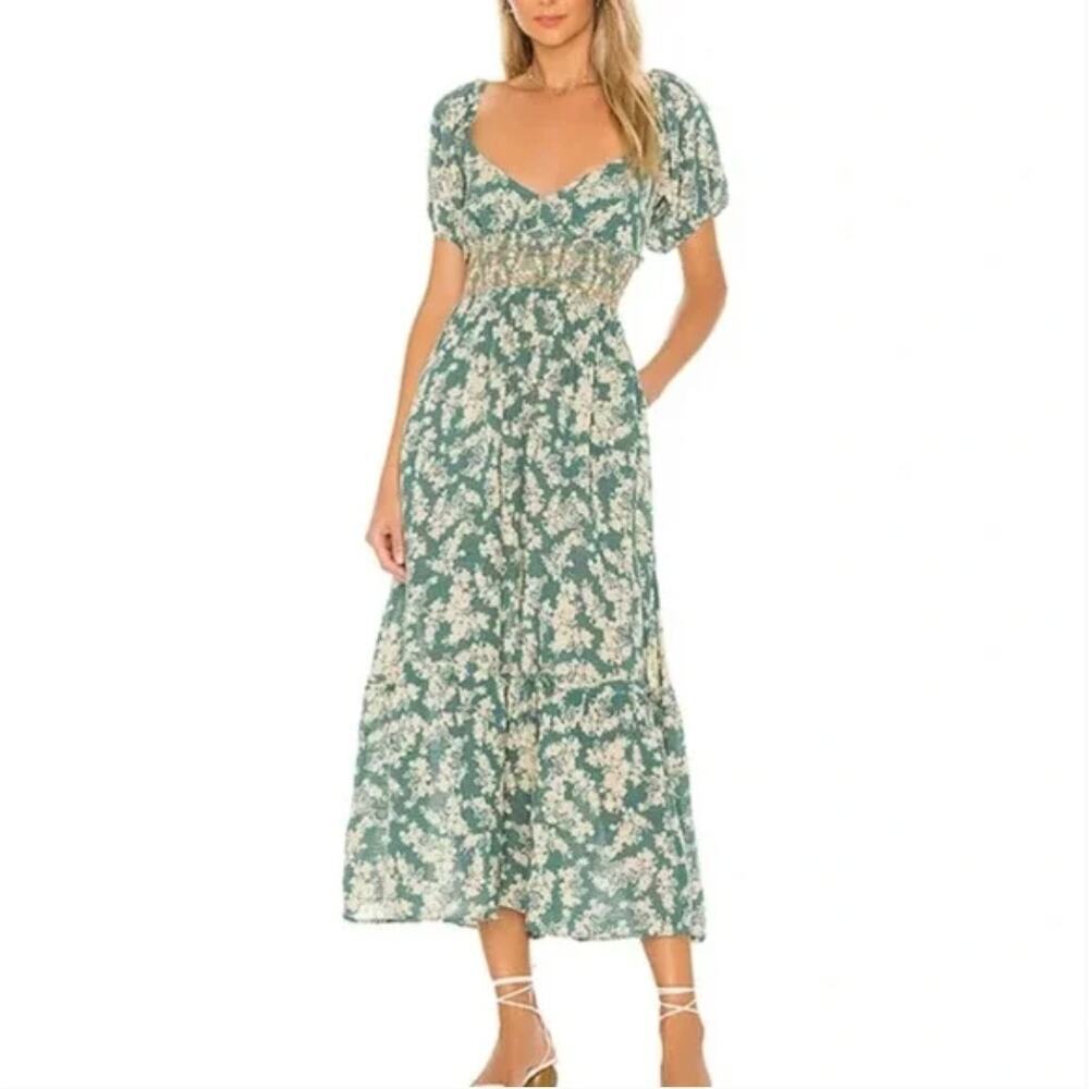 Free People $148 Blue Floral Smocked Puff Sleeve Maxi Dress